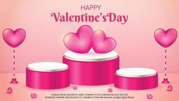 Happy valentine's day sale 3d product display pink podium with realistic hearth or love vector