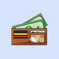 ilustración de billetera y pila de dinero vector