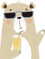 oso en gafas de sol con cóctel de vacaciones vector