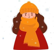 retrato de niña congelada de invierno. mujer con sombrero, envuelta hasta la nariz en una cálida bufanda contra el fondo de los copos de nieve. ilustración vectorial personaje de estilo plano para el diseño de invierno, decoración vector