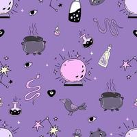 Magic seamless pattern. Witchcraft and witch amulets, cauldron and magic ball, potion and eye, snake and raven on purple background with magic bottles and constellations. Vector illustration