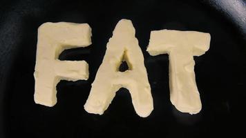 Butter in shape of the word fat melting on hot pan - Close up top view video
