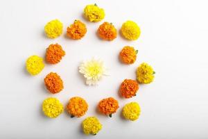 Marigold Flower rangoli Design for Diwali Festival , Indian Festival flower decoration photo