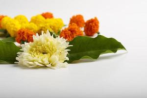 diseño de rangoli de flores de caléndula sobre fondo blanco. foto