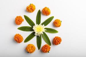 Marigold Flower rangoli Design for Diwali Festival , Indian Festival flower decoration photo