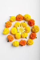 Marigold Flower rangoli Design for Diwali Festival , Indian Festival flower decoration photo