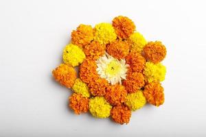 Marigold Flower rangoli Design for Diwali Festival , Indian Festival flower decoration photo