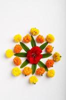 Marigold Flower rangoli Design for Diwali Festival , Indian Festival flower decoration photo