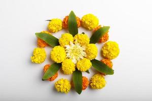 Marigold Flower rangoli Design for Diwali Festival , Indian Festival flower decoration photo