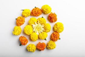 Marigold Flower rangoli Design for Diwali Festival , Indian Festival flower decoration photo