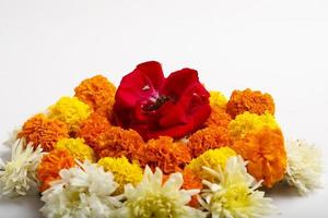 Marigold Flower rangoli Design on white background. photo
