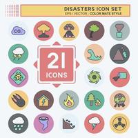 Disasters Icon Set in trendy color mate style isolated on soft blue background vector