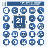 Photography Icon Set in trendy long shadow style isolated on soft blue background vector