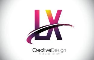 LX L X Purple Letter Logo with Swoosh Design. Creative Magenta Modern Letters Vector Logo.