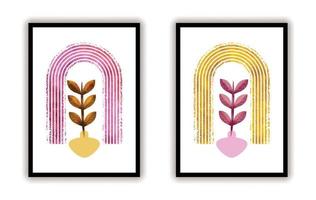 Boho wall art with leaf and geometric line art leaf in golden and rose gold colors vector