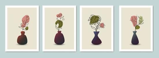 Set of abstract line art botanical collection with vases and floral leaves vector