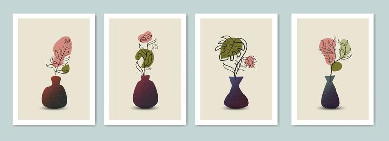 Set of abstract line art botanical collection with vases and floral leaves