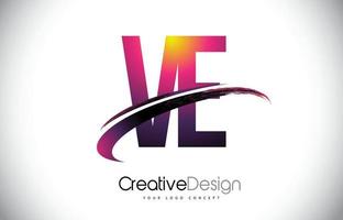 VE V E Purple Letter Logo with Swoosh Design. Creative Magenta Modern Letters Vector Logo.