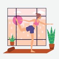 las mujeres jóvenes comienzan a hacer yoga en casa ilustración plana vector