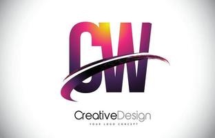 CW C W Purple Letter Logo with Swoosh Design. Creative Magenta Modern Letters Vector Logo.