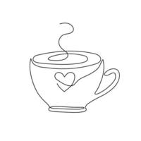 Continuous one line drawing of cup of coffee with steam and heart. Hand drawn cup of coffee isolated on white background. Linear style. Vector illustration