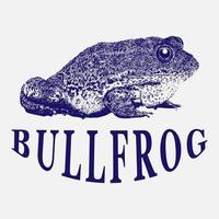 bullfrog vintage logo ilustración, gráfico, vector, diseño, arte, animal, vida silvestre, tropical, símbolo, sapo, ranas dibujos animados, negro, dibujo, naturaleza, vector de rana, fondo, blanco, aislado, icono