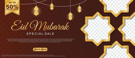 Plantilla de banner de linterna de adorno islámico de venta especial de eid mubarak. adecuado para publicaciones en redes sociales y encabezado web. ilustración vectorial vector
