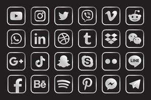 Silver Facebook, Instagram, Twitter, Youtube, WhatsApp, Dribble, Tiktok, Linkedin, Google plus, and many more silver collection of popular social media icons. Vector