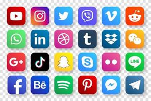 Set popular social media icons. Facebook, instagram, twitter, youtube, pinterest, behance, google plus, linkedin, whatsapp, snapchat, tiktok, tumblr, spotify, dropbox and many more vector