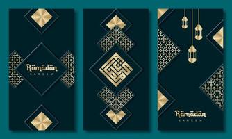 conjunto de tarjetas de felicitación ramadan kareem. colección de plantillas de invitaciones de vacaciones de ramadán con letras doradas y patrón árabe. ilustración vectorial vector