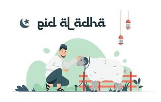 Illustration vector graphic of eid al-adha and The feast of sacrifice . sheep and man muslim Perfect for poster and banner