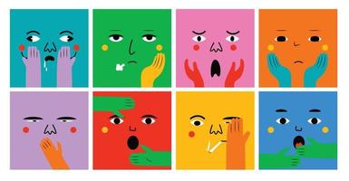 Faces with various Emotions and hand gestures. Different color characters. vector