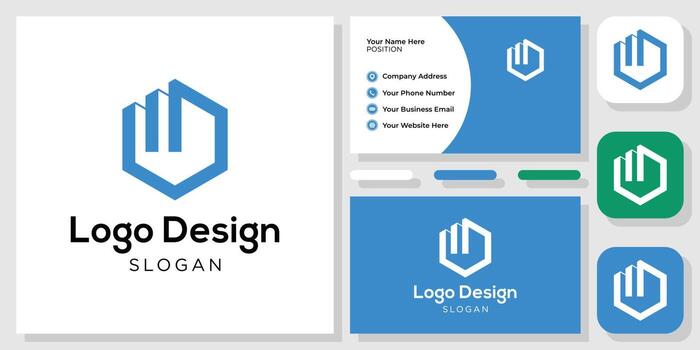 logo design symbol abstract buildings landmark hexagon shape with business card template vector