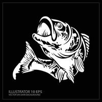 ilustración vectorial de un pez bajo de boca grande saltando en fondo negro hecho en estilo retro.