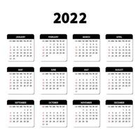 Calendar 2022 year. The week starts Sunday. Annual English calendar 2022 template. vector