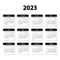 Calendar 2023 year. The week starts Sunday. Annual English calendar 2023 template vector
