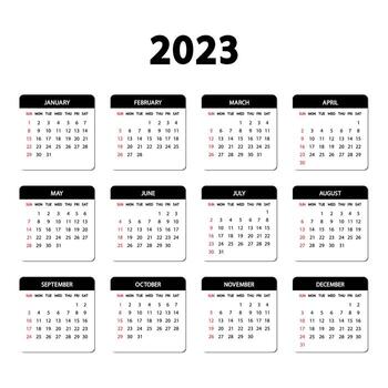 Calendar 2023 year. The week starts Sunday. Annual English calendar 2023 template vector