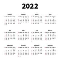 Calendar 2022 year. The week starts Sunday. Annual English calendar 2022 template. Stationery vertical template in simple, minimal design. Portrait orientation vector