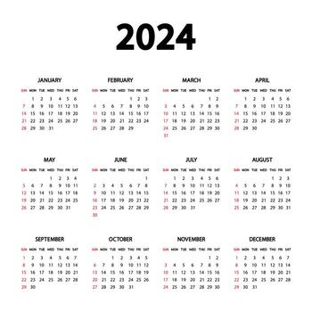 Calendar 2024 year. The week starts Sunday. Annual English calendar 2024 template. Stationery vertical template in simple, minimal design. Portrait orientation vector