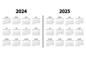 Calendar English 2024 and 2025 years. The week starts Sunday. Annual calendar 2024, 2025 template. Stationery vertical template in simple, minimal design. vector