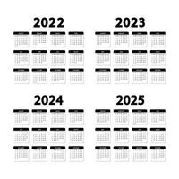 Calendar 2022, 2023, 2024 and 2025 years. The week starts Sunday. Annual English calendars template. Portrait orientation vector