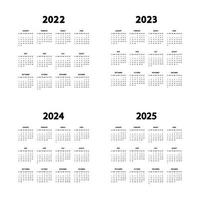 calendario 2022, 2023, 2024 y 2025 años. la semana empieza el domingo. plantilla de calendarios anuales en inglés. plantilla vertical de papelería en un diseño simple y mínimo. Orientación Vertical vector