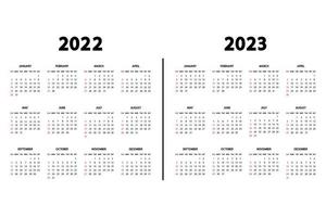 calendario inglés 2022 y 2023 años. la semana empieza el domingo. plantilla de calendario anual 2022, 2023. plantilla vertical de papelería en un diseño simple y mínimo. Orientación Vertical vector