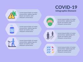 elemento infográfico de coronavirus covid-19 con varios íconos relacionados con fondo púrpura con estilo plano moderno vector