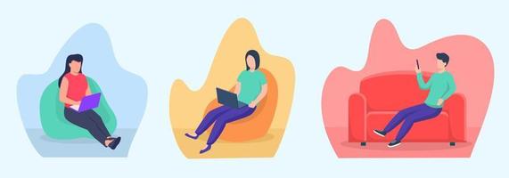 stay from home concept with people sit on couch sofa collection with modern flat style vector