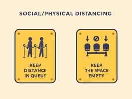 social or physical distancing icon with people in queue and chair stance with yellow black icon sign vector