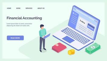 financial accounting with people and some graph and chart money for website landing homepage template banner isometric vector