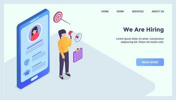 hiring people on mobile device concept for website template landing homepage with modern isometric flat