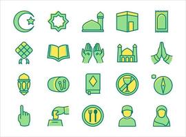 Islamic icon set praying hand mosque crescent moon kabah quran fasting lantern compass with filled color outline style flat design . vector