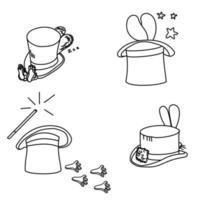 Magic hats and rabbit set, vector outline illustration on magicians theme